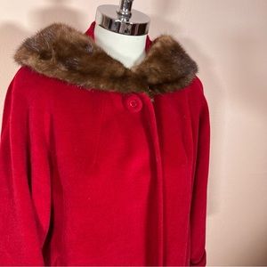 Vintage 1940 50 Retro Red Velvet Wool Mink Fur Peter Pan Collar long Swing Coat